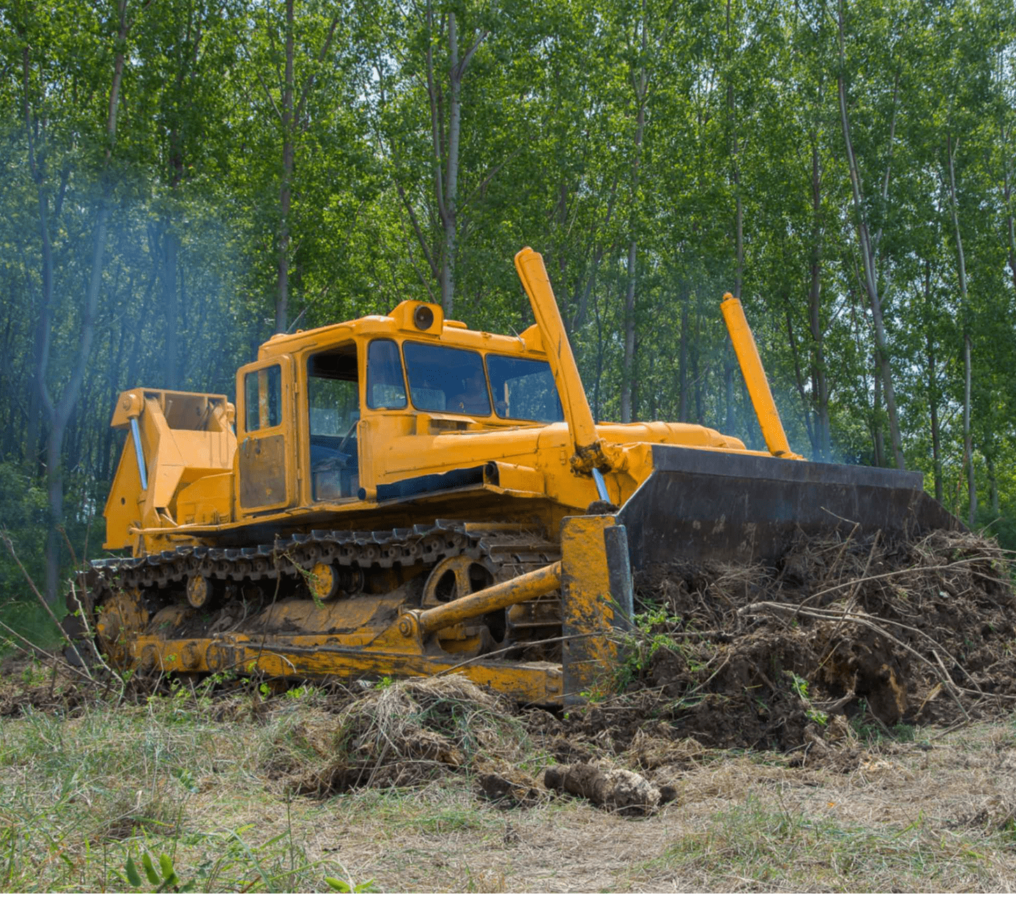 Yellow bulldozer clearing land in forest.